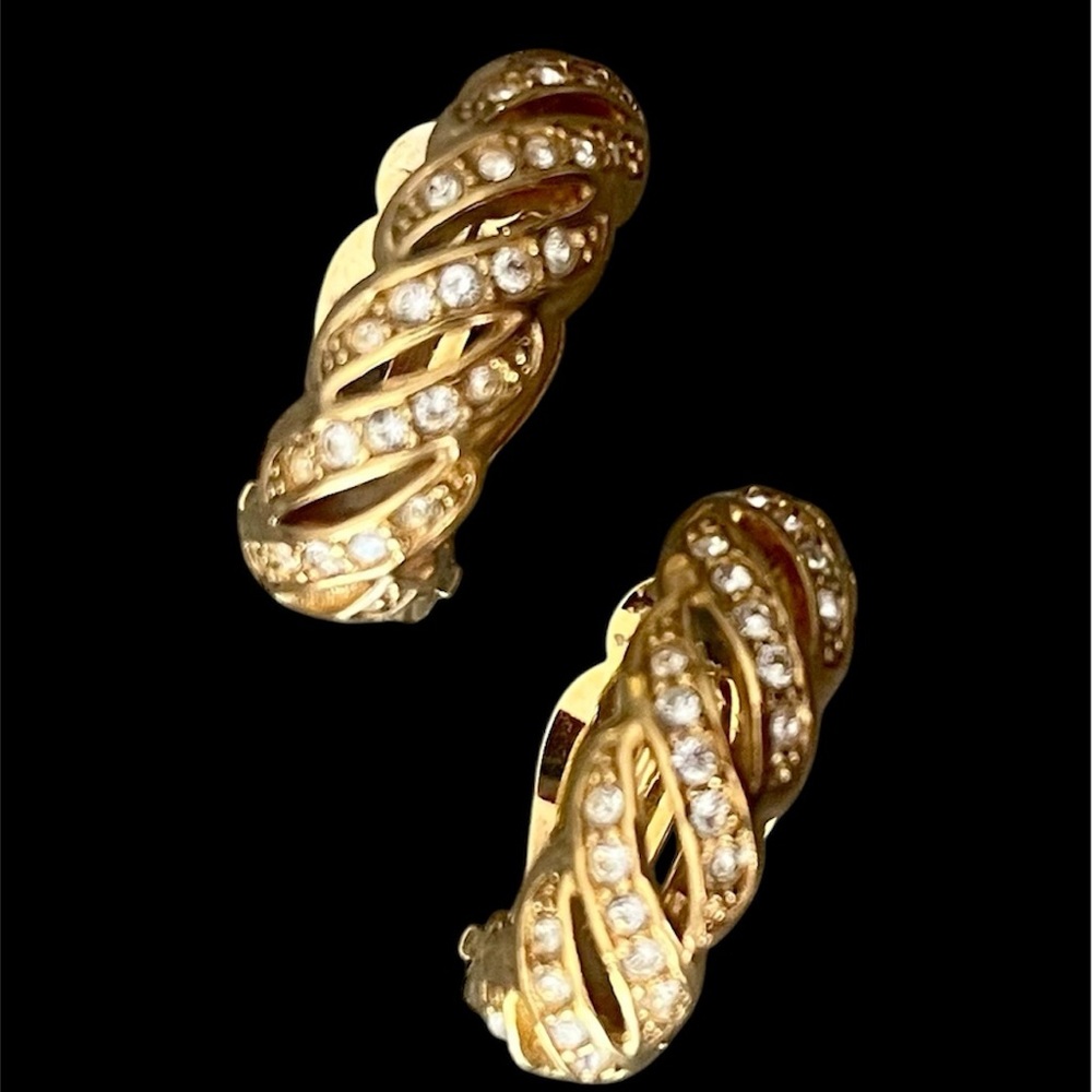 Signed SWAROVSKI Pave Rhinestone Half Hoop Clip-On Gold-tone Earrings VTG - EUC!